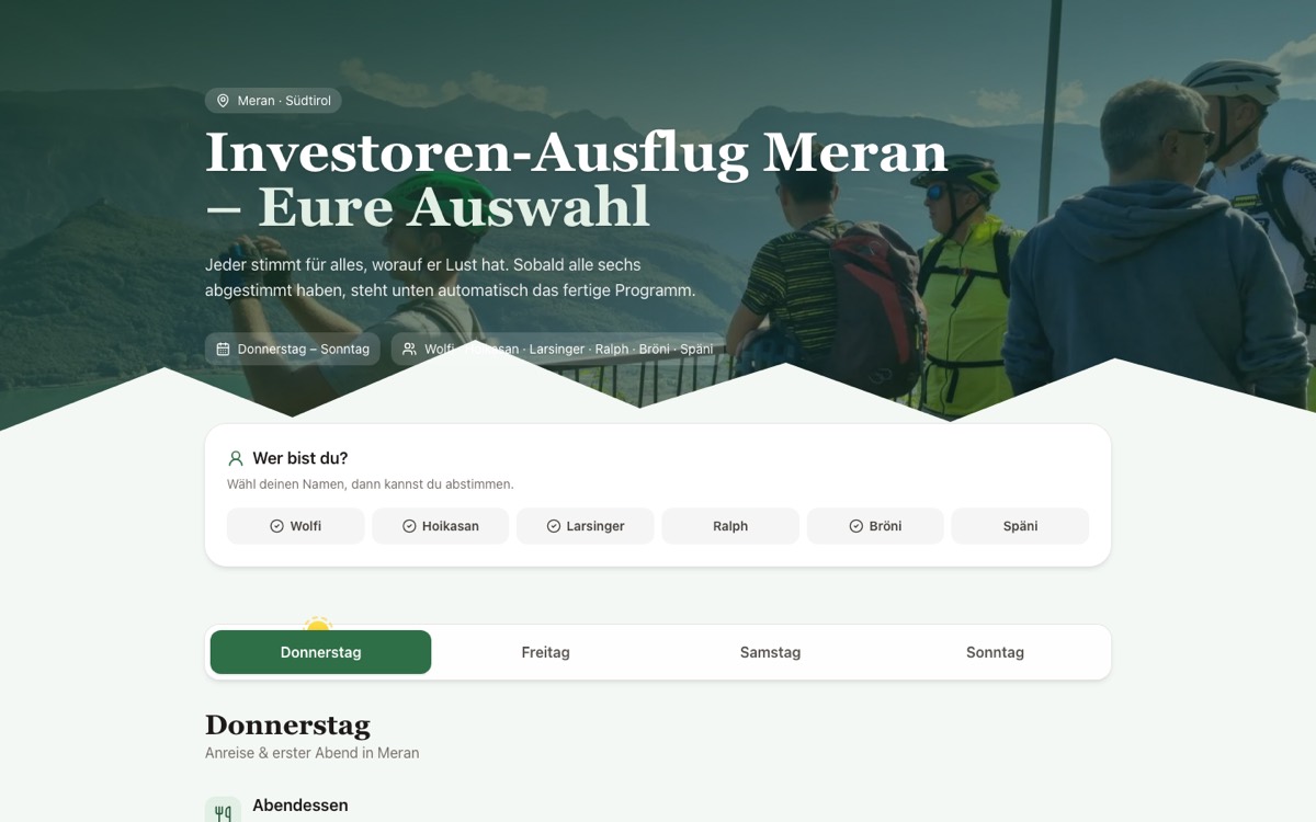 Screenshot der Meran-Seite mit Namensauswahl und Tagesreitern