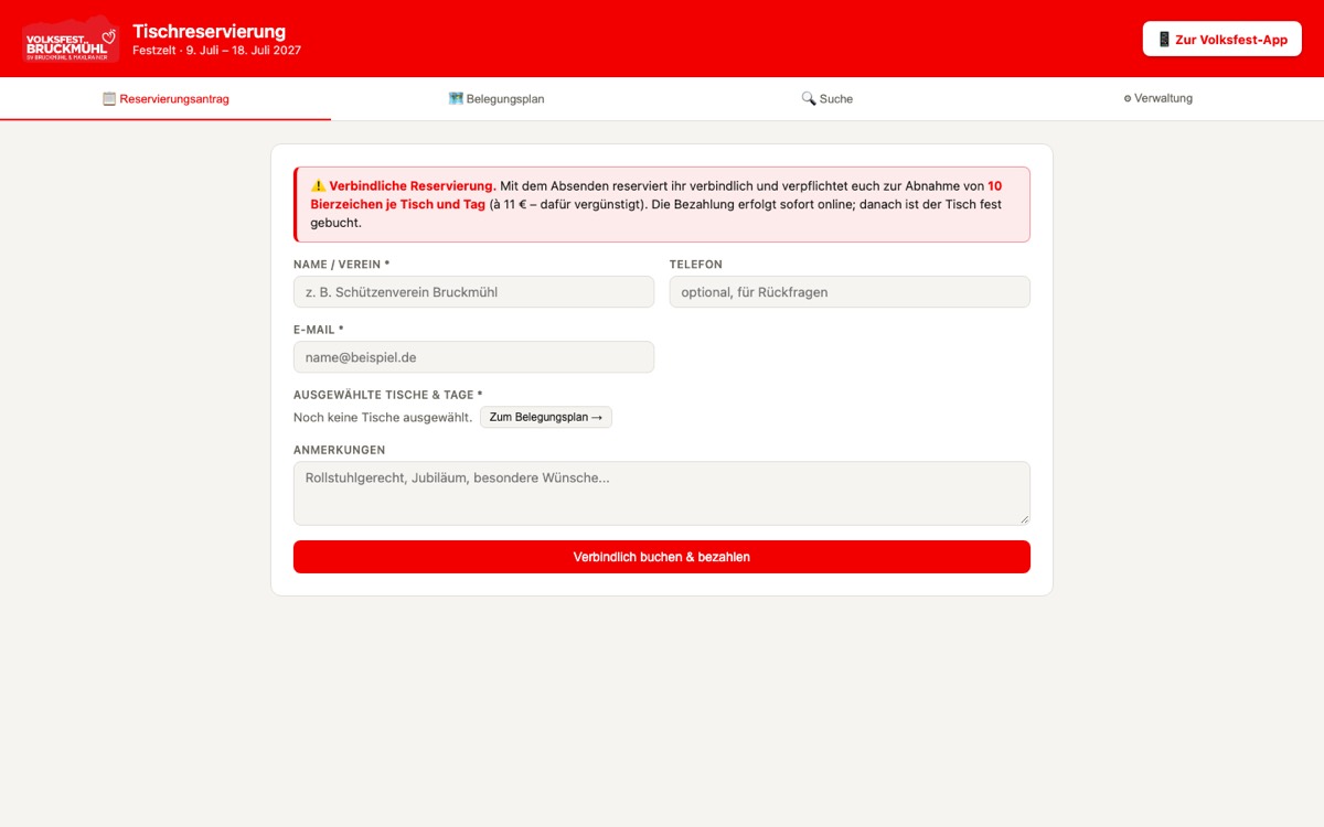 Screenshot der Tischreservierung mit Antragsformular